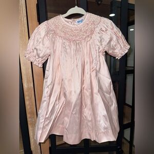 Silk smocked dress heirloom classic embroidered bishop puff sleeve blush gown